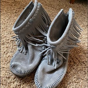 Gray Suede Fringe High Top Back Zip Boot Size 7